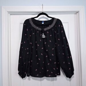 Old Navy Peasant Blouse Boho Top Embroidery Look Black With Flowers L